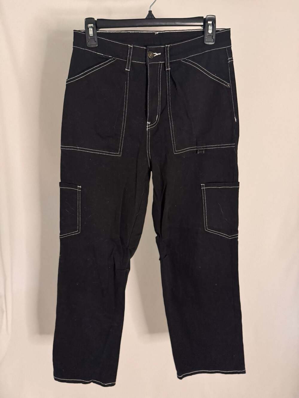 High-Waisted Carpenter Pants Black with White Contrast Stitching